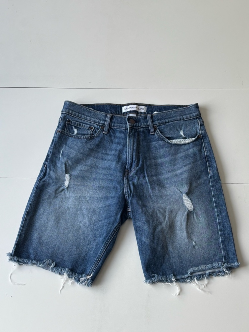 Calvin Klein Jeans Men's Distressed Dark Blue Denim Cutoff Shorts